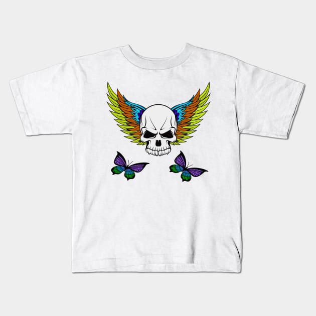 Creative colorful skull with butterflies Kids T-Shirt by SUNWANG